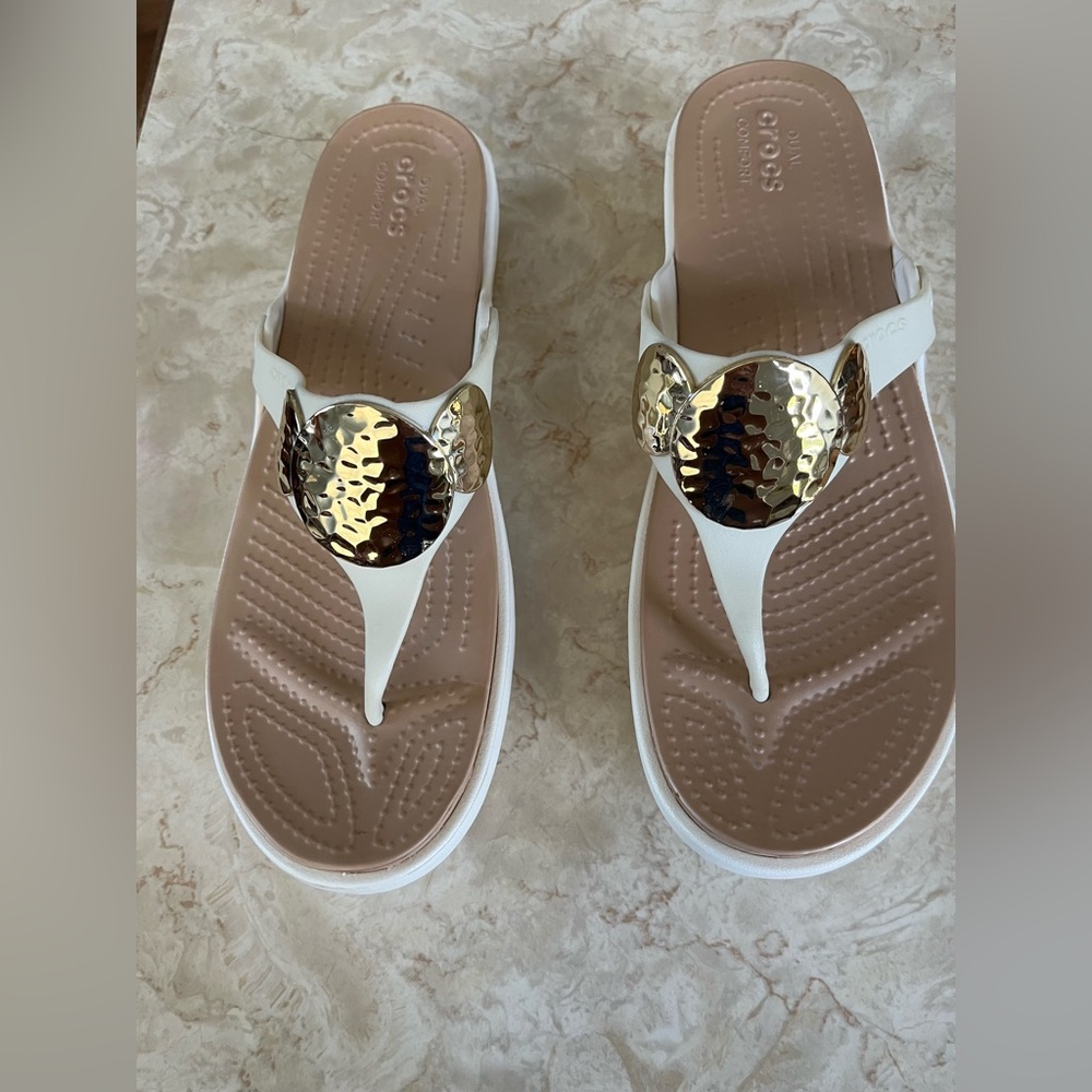 CROCS White Sandals with Gold Accents